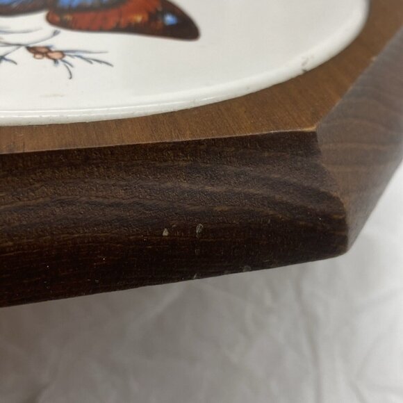 Vtg Wall Plaque Tile Trivet Butterfly Blue Brown Flowering Branch Wood Octagon - Picture 10 of 11